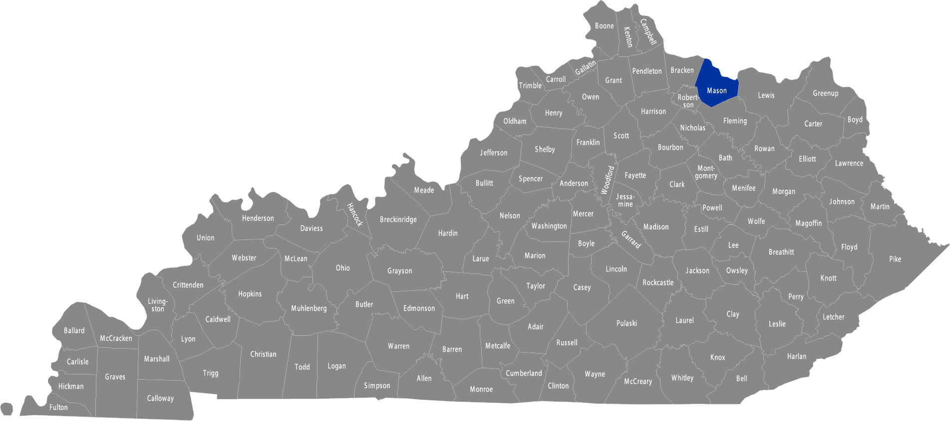 State of Kentucky map with Mason County highlighted 